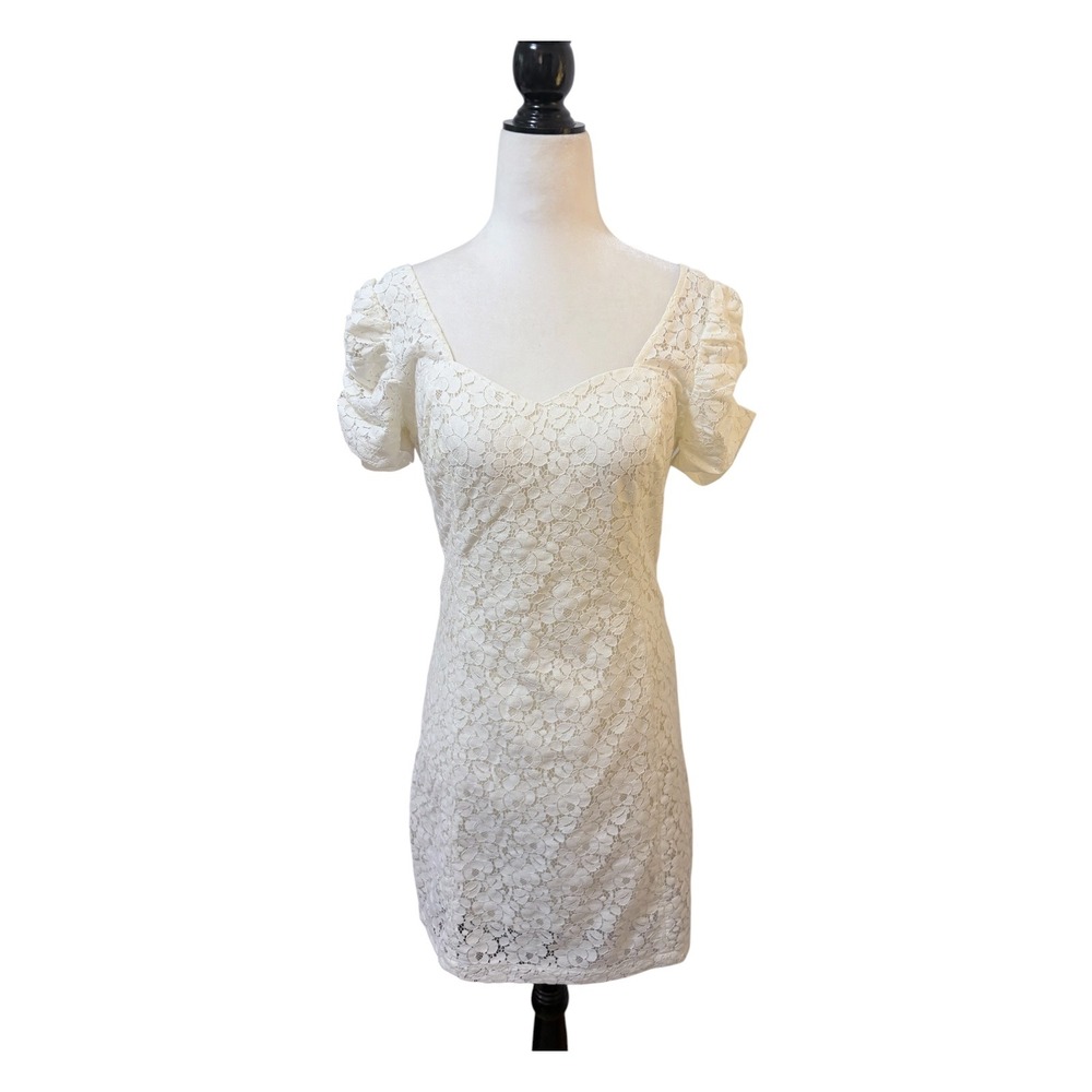 Guess Los Angeles Floral Ivory Lace Mini Dress Size 6 Puff Sleeve Deep V - Picture 2 of 10